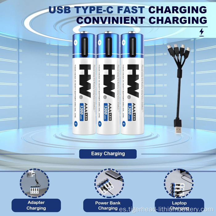 4 baterías de litio recargables USB-C de 1,5 V AAA 1300 mWh